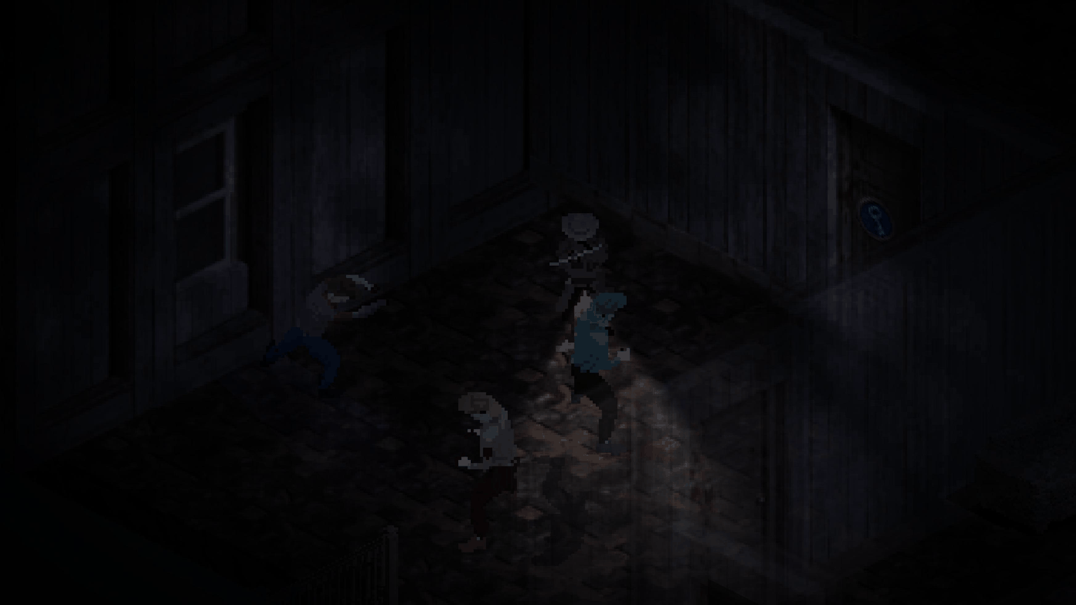 The Keeper fighting three zombies inside a puzzle house, beside a locked blue door