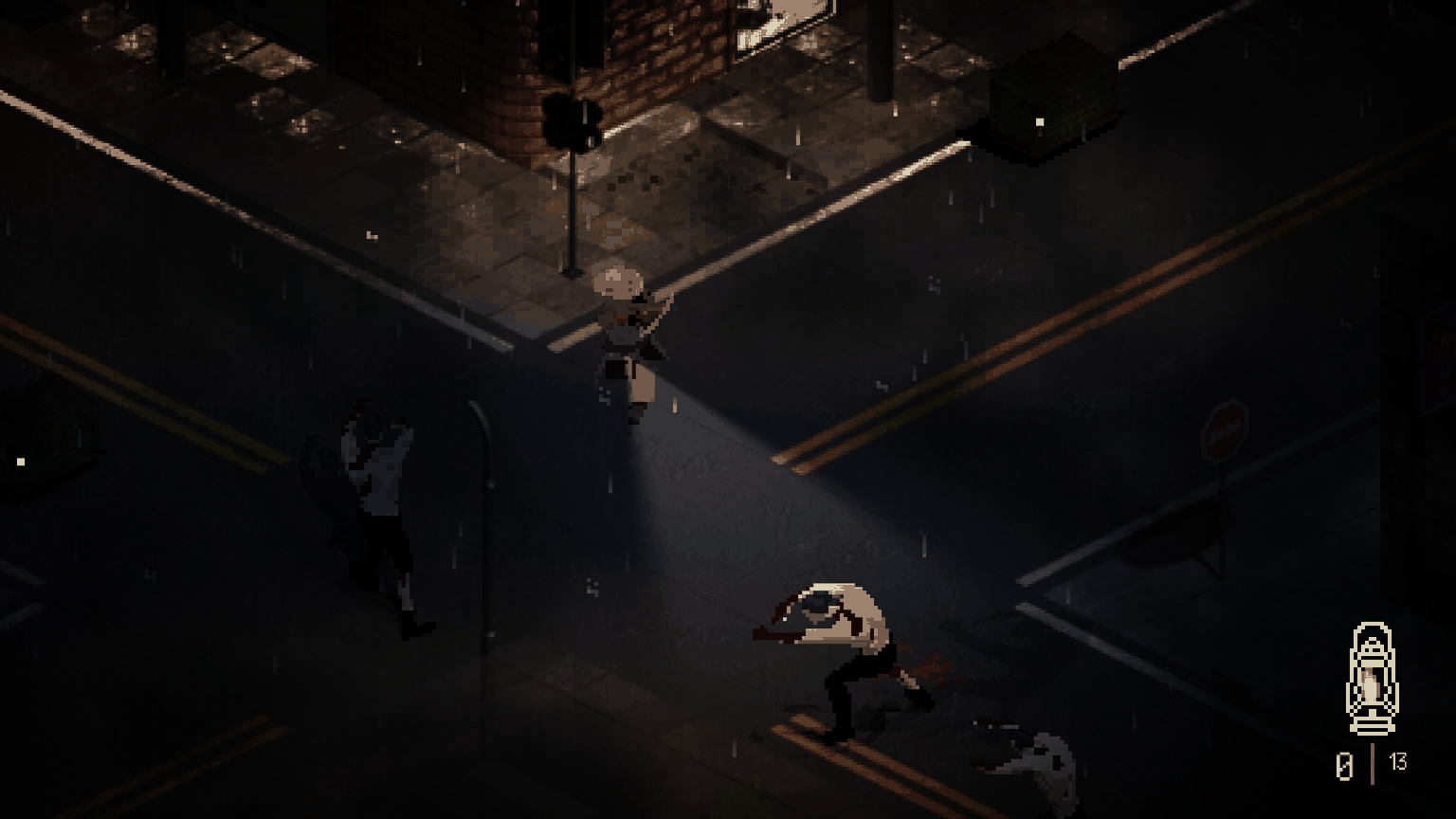 Several zombies approaching the Keeper across a town intersection